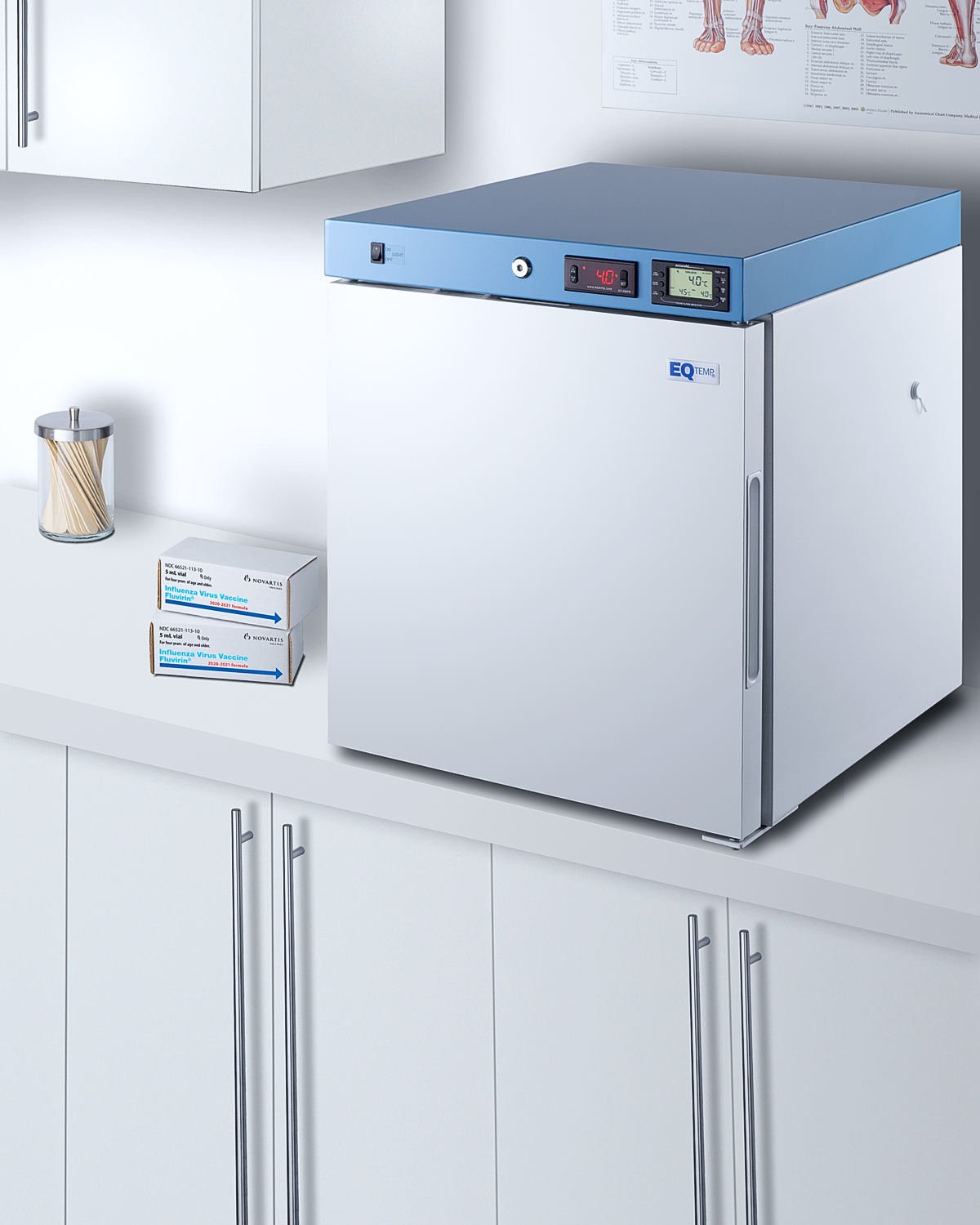 Compact healthcare all-refrigerator with self-closing glass door, front lock, digital controls, and external temperature readout